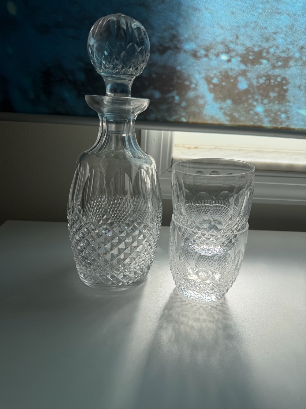 Set of 3 Waterford Crystal Cut-Glass Decanter with Faceted Stopper and 2 glasses